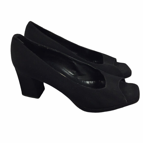 Vintage Saks Fifth Avenue Square Peep Toe Heels Size 8.5 M Black Block Pumps - Picture 1 of 8